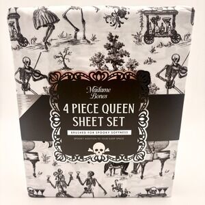 Madame Bones Queen Sheet Set 4pc Skeleton Toile Black White Spooky Halloween NEW